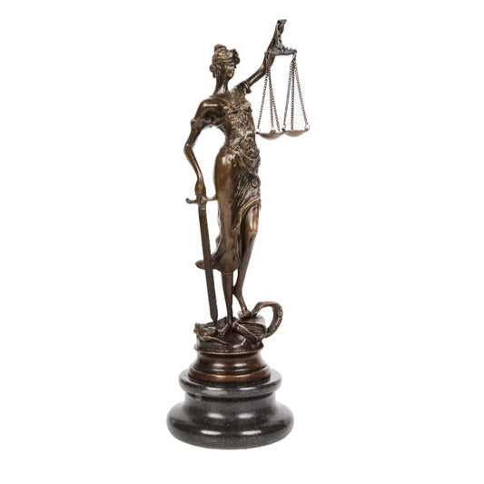 This bronze sculpture portrays Lady Justice (Justitia), the timeless symbol of law, fairness, and moral authority. Draped in a classical robe with finely sculpted folds, the figure conveys dignity and balance.