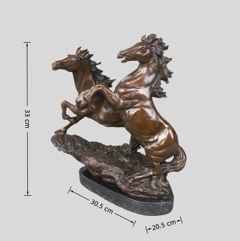 This is a dynamic bronze sculpture of two galloping horses, crafted using the lost-wax casting method. The piece captures the raw energy and competitive spirit of the horses as they surge forward, with one rearing high and the other leaping alongside. The rich, warm bronze patina and smooth, polished finish accentuate the powerful musculature and fluid forms of the animals, while their manes and tails flow backward, as if caught in the wind, conveying a sense of unbridled speed and vitality.