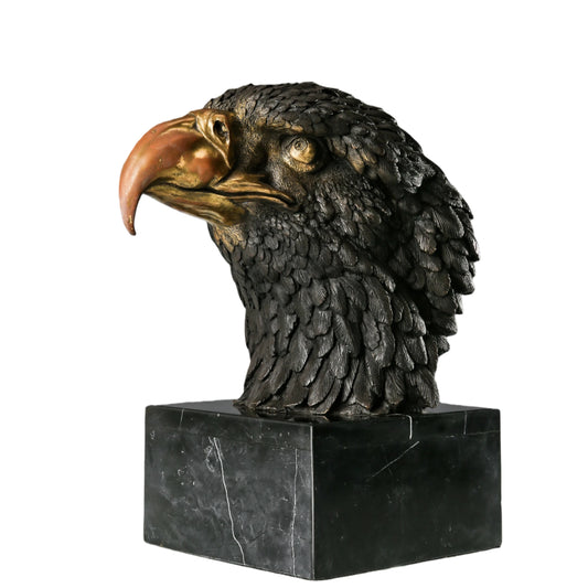a bald eagle bronze bust sculpture with detailed feathers and marble base. A powerful wildlife statue symbolizing freedom, strength, and leadership.