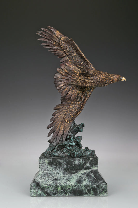 Eagle taking flight bronze sculpture with detailed feathers and marble base. Perfect wildlife statue for home decor, office, and collectors.