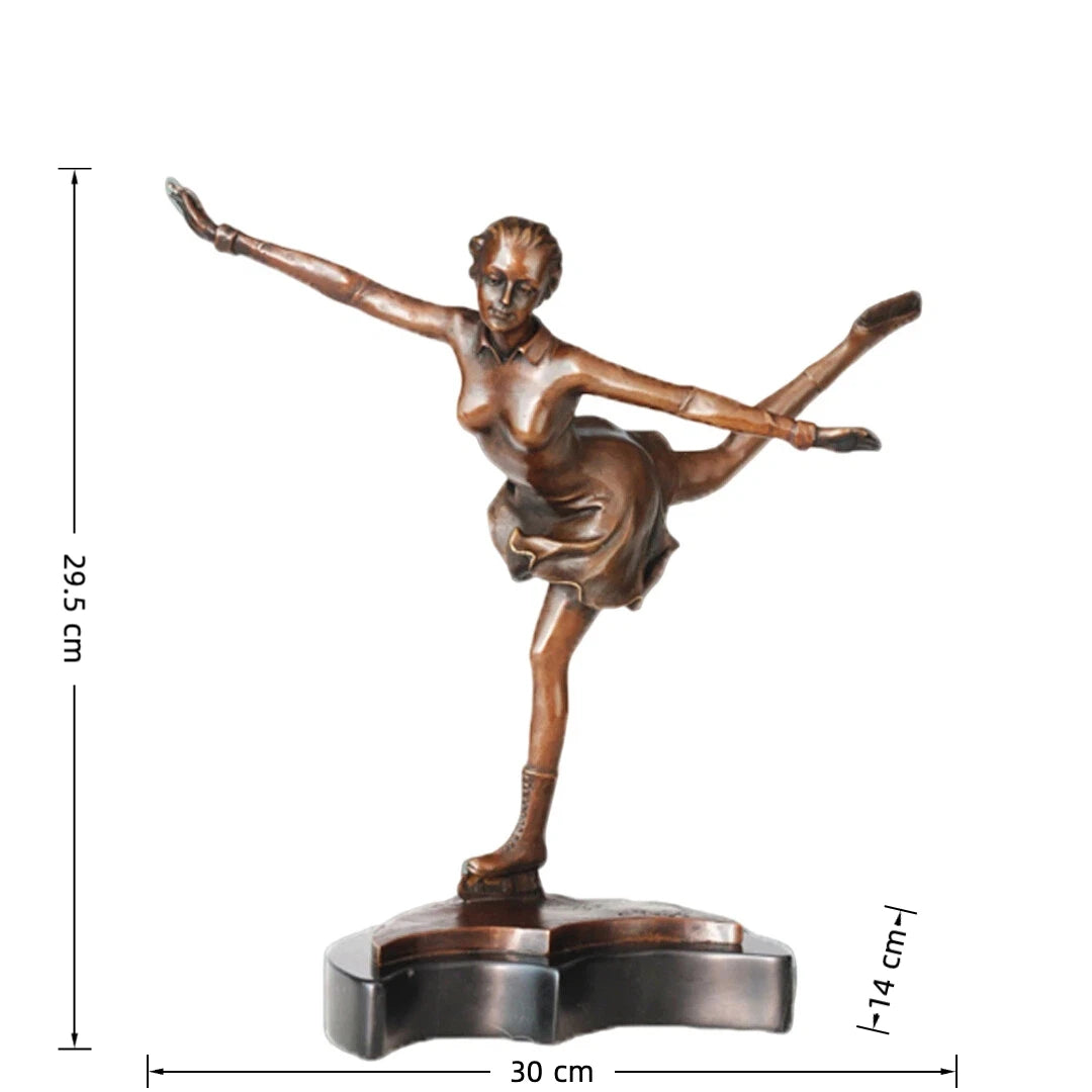 This is an elegant bronze sculpture of a figure skater, crafted using the lost-wax casting method. The piece captures the athlete mid-performance, striking a graceful pose with one leg extended high behind her and arms outstretched, conveying poise, balance, and fluid movement. The rich, warm bronze patina accentuates the delicate folds of her dress, the intricate details of her ice skates, and the smooth, flowing lines of her form.