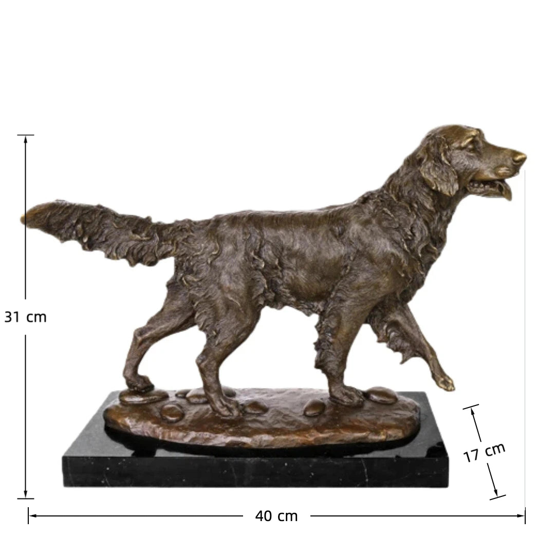 This is a dynamic bronze sculpture of a golden retriever, crafted using the lost-wax casting method. The piece captures the dog in mid-stride, moving forward with a purposeful gait, its head held high and tongue slightly lolling, conveying a sense of energy, alertness, and friendly enthusiasm. The rich, warm bronze patina accentuates the intricate, wavy texture of its long, flowing coat, the detailed musculature of its legs, and the naturalistic details of the pebbled ground beneath its paws.