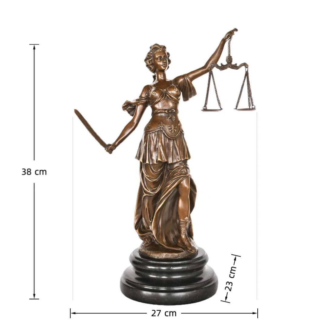 This stately bronze sculpture of Lady Justice is crafted using the traditional lost-wax casting method, showcasing refined detail and enduring quality. The figure stands in a classical pose, holding balanced scales in one hand and a sword in the other—powerful symbols of fairness, judgment, and legal authority.