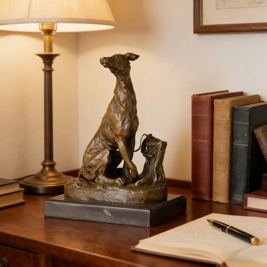This refined bronze sculpture of a seated greyhound is crafted using the traditional lost-wax casting method and bears the signature of Emmanuel Frémiet. The dog is depicted in an alert seated pose, its head slightly raised, conveying elegance and keen attention. The warm bronze patina highlights its lean musculature and smooth coat, while the naturalistic base—featuring a stylized tree stump and small rabbit—adds narrative depth. Mounted on a dark marble plinth, the piece reflects the grace and realism cha