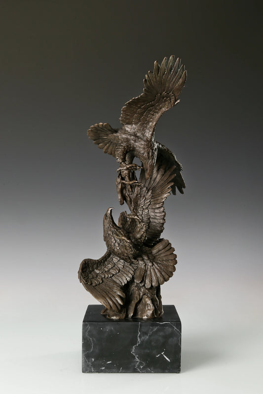 Two eagles bronze sculpture in dynamic interaction pose with detailed feathers and marble base. Elegant decor for home, office, or collectors.