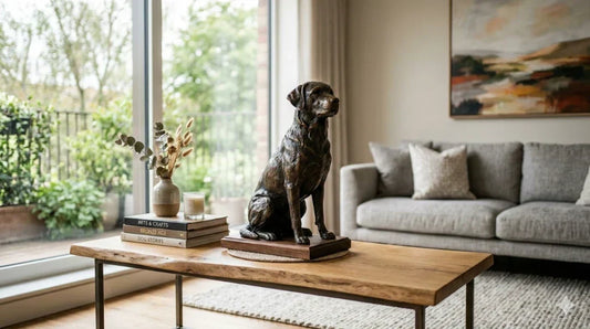 Bronze dog sculpture on a modern living room coffee table, handcrafted artisan home decor.