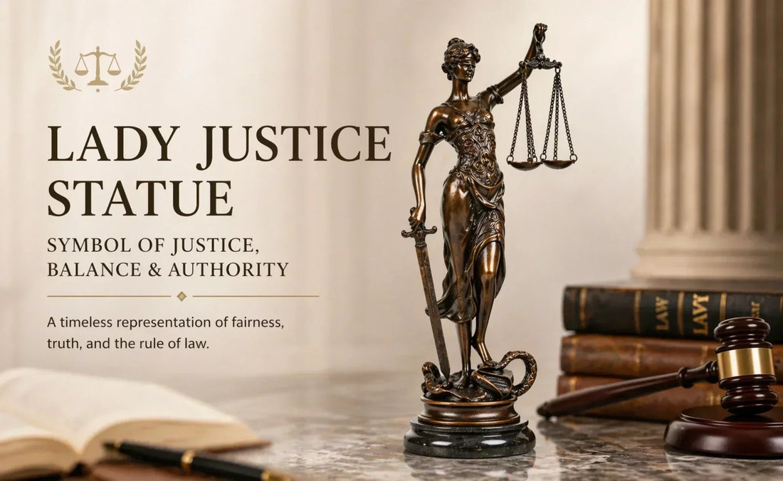 Lady Justice bronze sculpture with scales and sword, modern decorative statue for office, desk, or home interior.