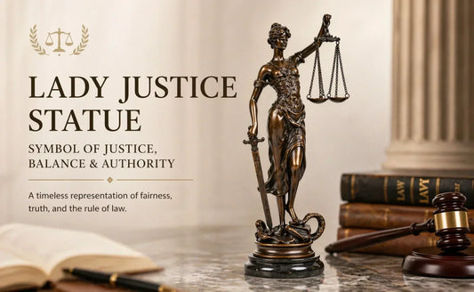 Lady Justice bronze sculpture with scales and sword, modern decorative statue for office, desk, or home interior.