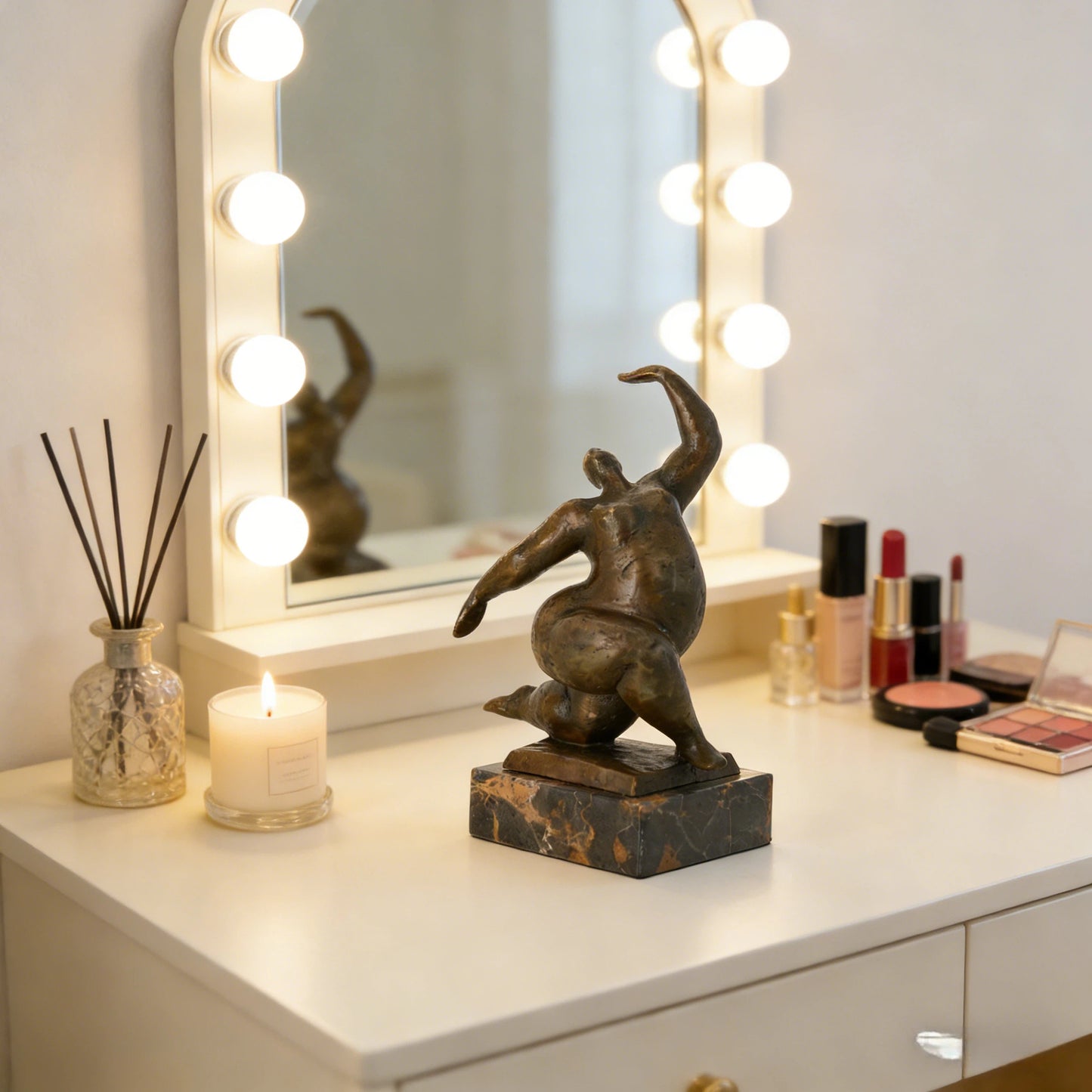 This abstract bronze figure sculpture expresses strength, motion, and emotional release through a bold, upward-reaching pose. The figure rises from a grounded stance, with the body twisting dynamically as one arm extends skyward—capturing a moment of transformation, aspiration, and inner power.