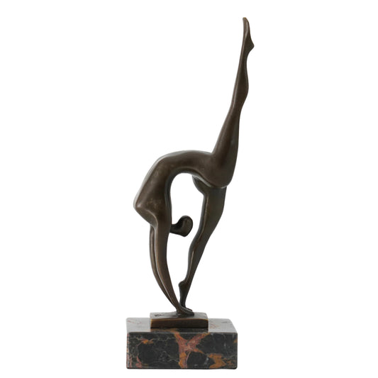 This abstract dancer brass sculpture features a highly stretched pose formed with minimalist lines, expressing strong movement and artistic tension. Crafted in brass with a vintage metal finish, it combines lightness and strength, making it an ideal accent for modern art-inspired interiors.