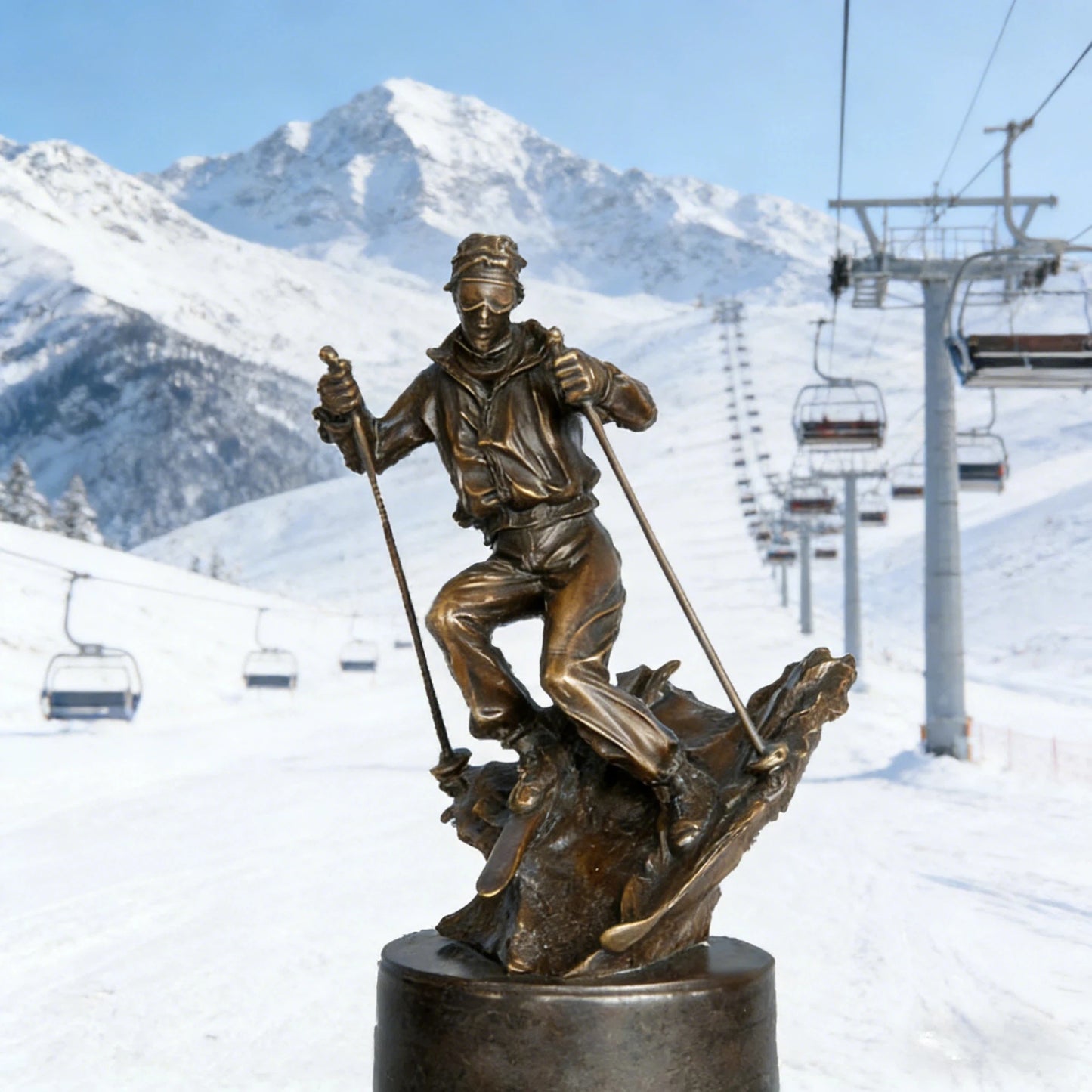 This is a dynamic bronze sculpture of a skier, crafted using the lost-wax casting method. The piece captures the athlete mid-action, navigating a rugged, snow-like terrain with ski poles firmly in hand and legs bent in a powerful stance. The rich, warm bronze patina accentuates the fluid folds of the skier’s jacket and pants, as well as the textured, naturalistic base that simulates a snow-covered slope.
