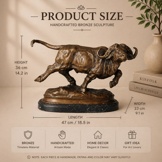Charging Cape buffalo bronze sculpture with realistic detail