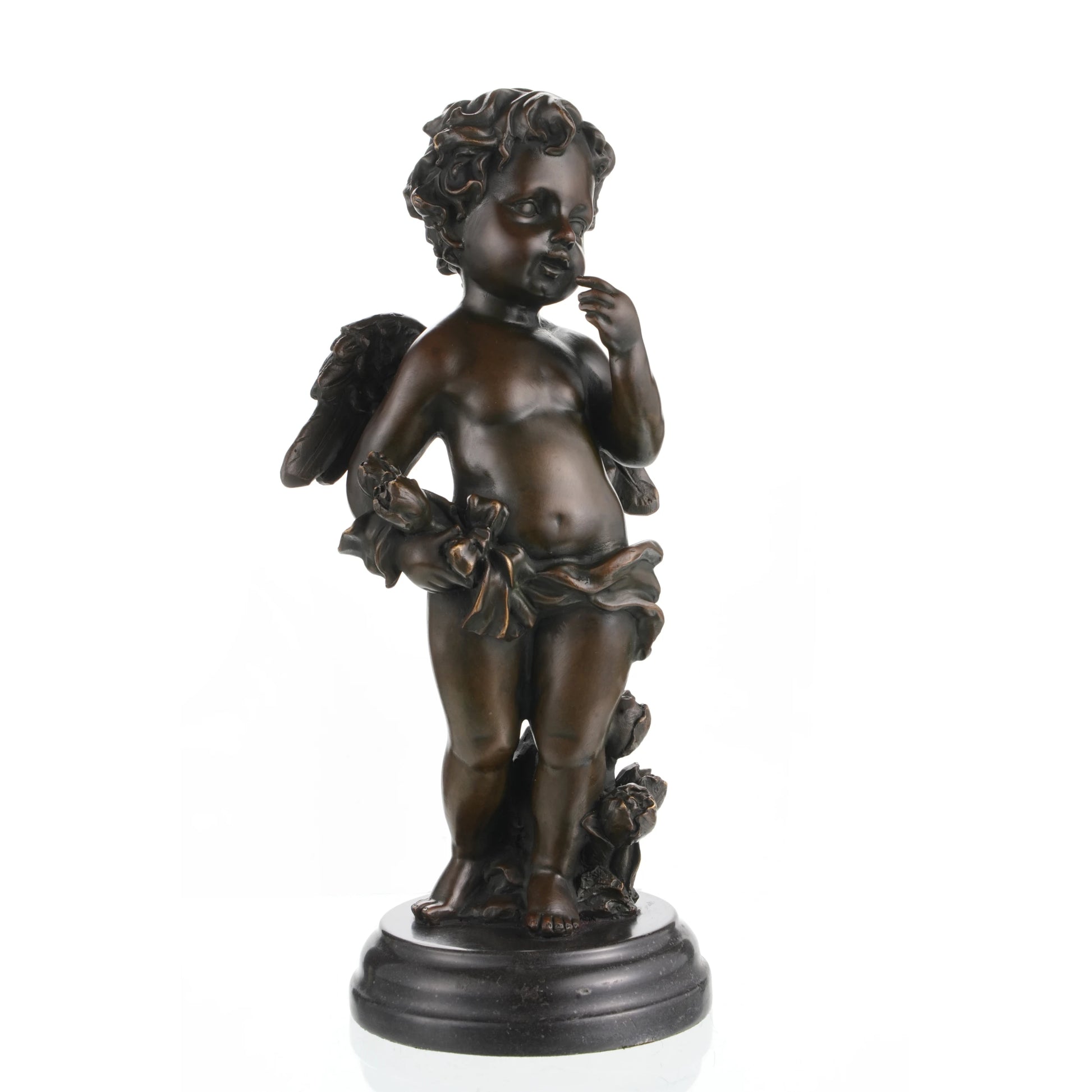 Classical bronze cherub sculpture standing on roses with finger to lips, winged cupid angel sculpture on circular black marble base, loss wax casting romantic art.