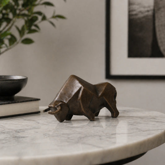 Cubist abstract bronze bull sculpture with geometric faceted planes, charging bull statue on black marble base, loss wax casting modern art.
