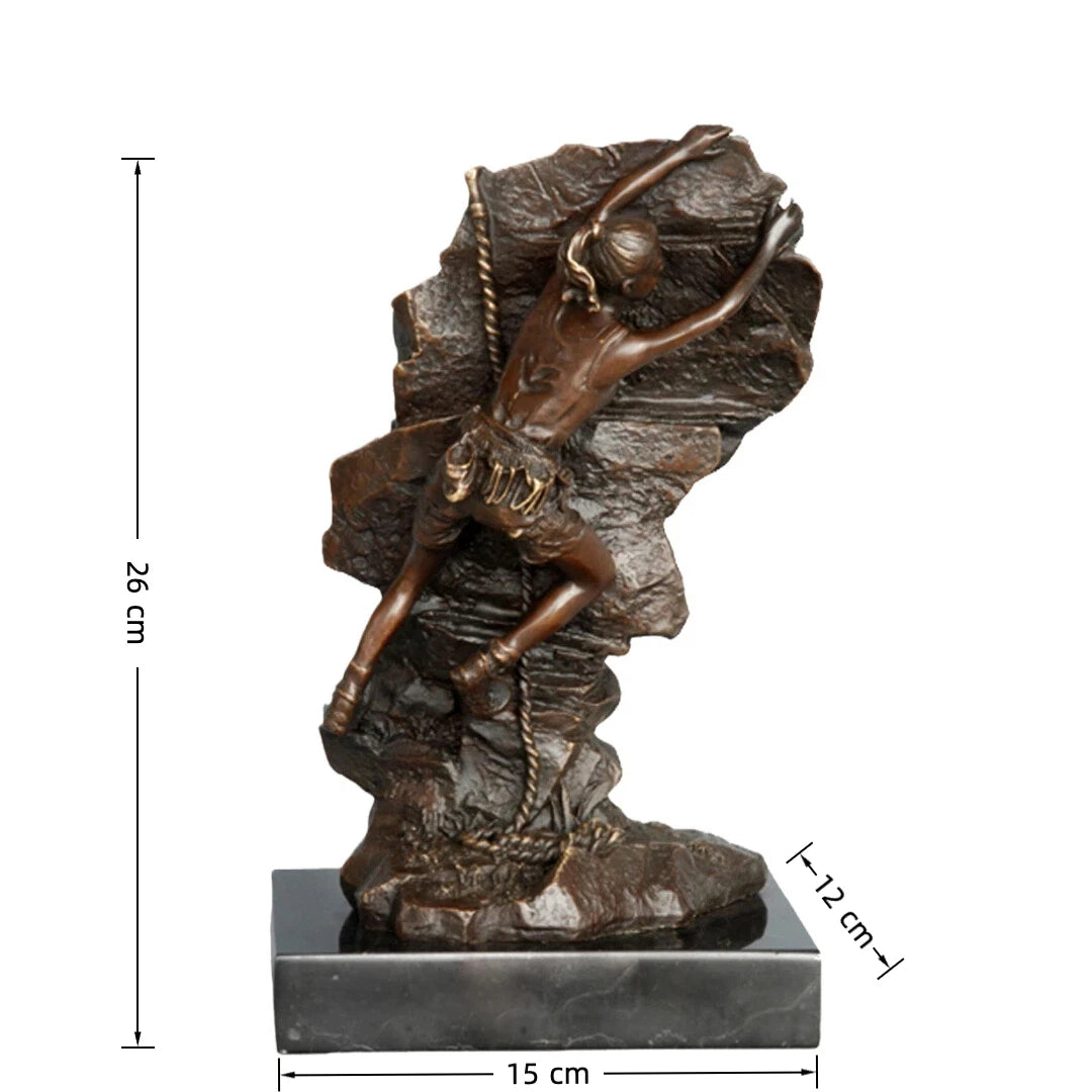 This striking bronze sculpture portrays a female rock climber captured in a moment of intense ascent, embodying both physical strength and mental determination. Created using the traditional lost-wax casting method, the sculpture showcases exceptional craftsmanship and attention to detail. The climber’s body is pressed closely against the rugged rock surface, with one arm reaching upward in pursuit of the next hold—an expressive gesture that conveys motion, tension, and purpose.