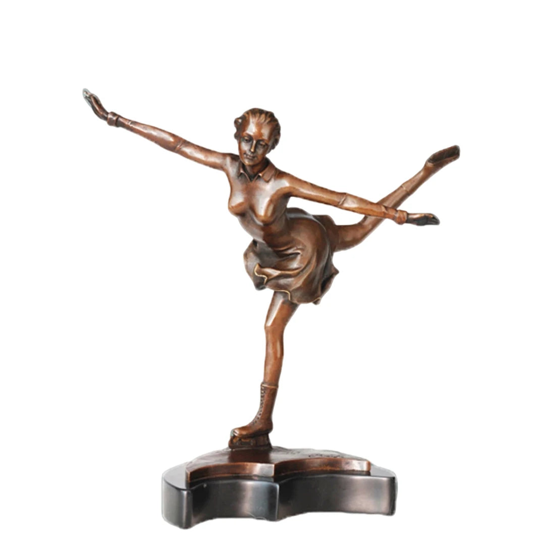 This elegant bronze figure skater sculpture is crafted using the traditional lost-wax casting method, capturing a moment of perfect balance and fluid motion. The skater’s extended pose and flowing lines convey grace, control, and artistic expression, while the rich bronze patina highlights the fine details of her form and attire. Mounted on a curved dark marble base, the sculpture offers stability and contrast, enhancing its refined and sophisticated presence. 
