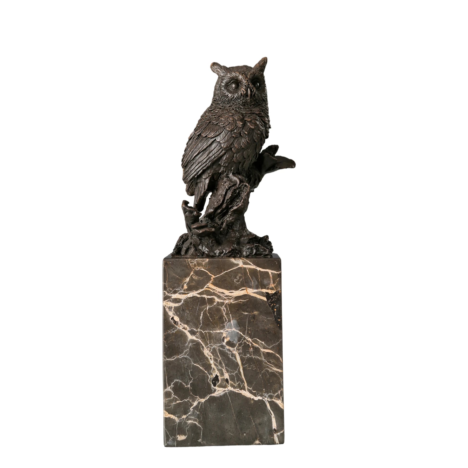 Handcrafted realistic bronze owl sculpture perched on a tree stump with marble base. A timeless symbol of wisdom, perfect for home, library, or office decor.