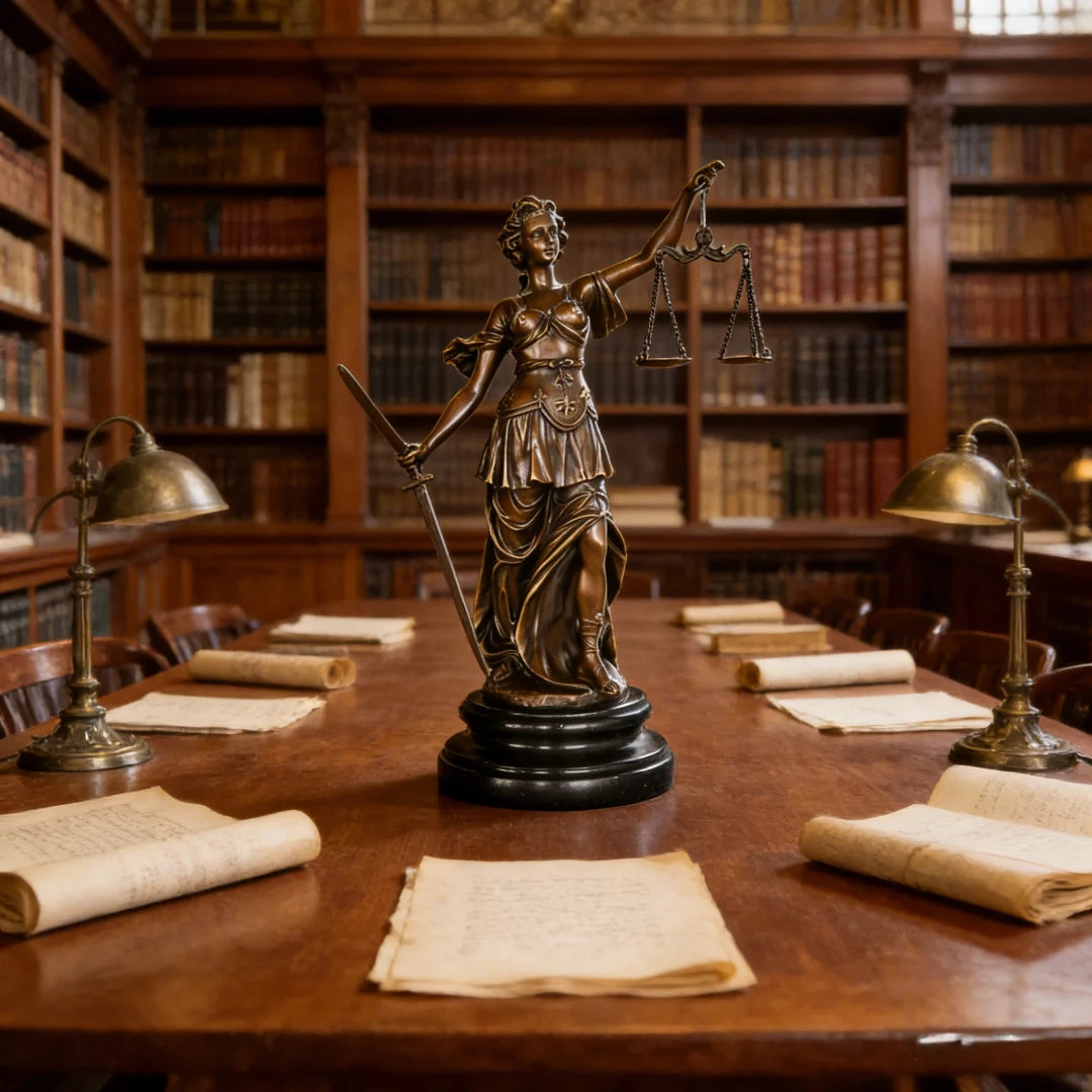This stately bronze sculpture of Lady Justice is crafted using the traditional lost-wax casting method, showcasing refined detail and enduring quality. The figure stands in a classical pose, holding balanced scales in one hand and a sword in the other—powerful symbols of fairness, judgment, and legal authority.