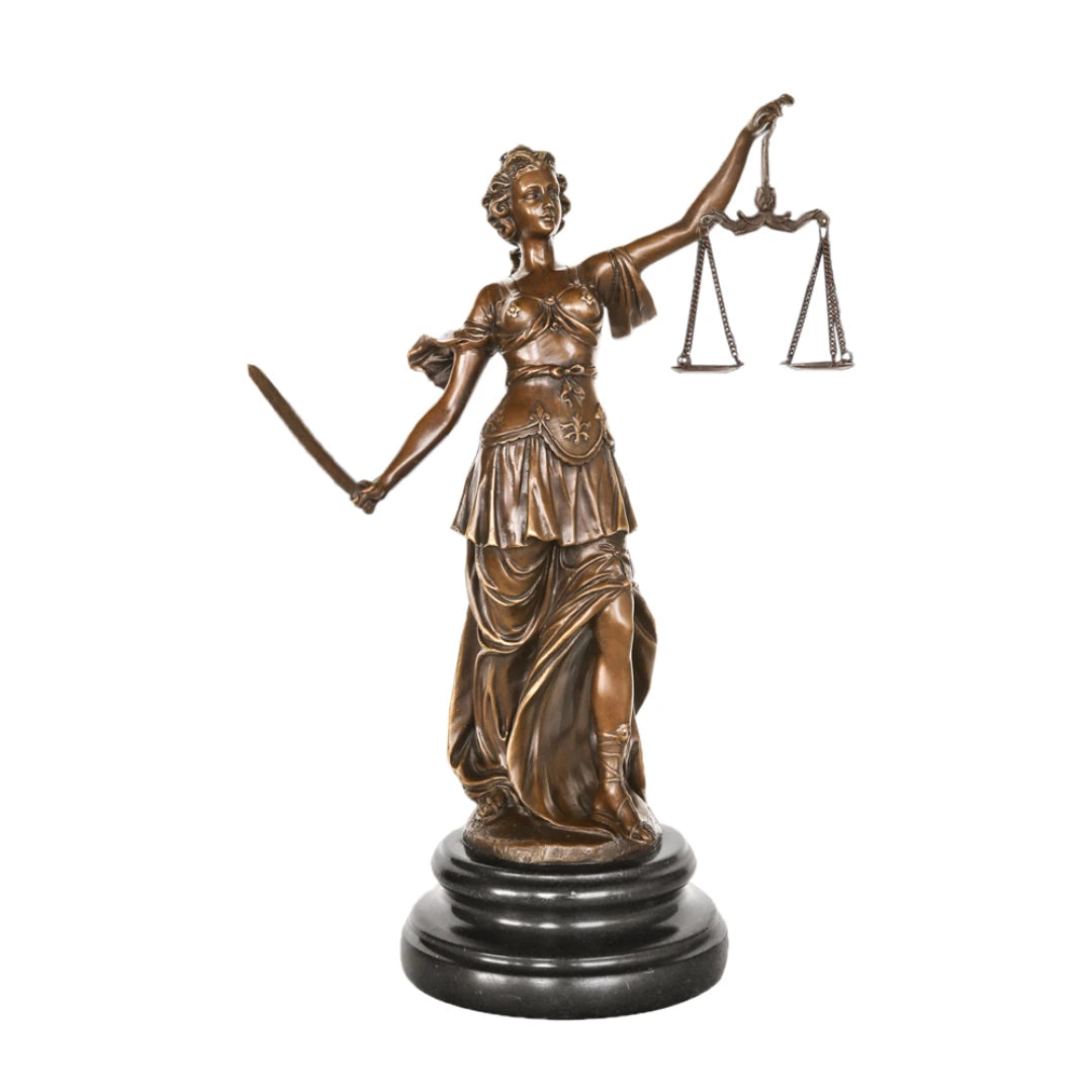 This stately bronze sculpture of Lady Justice is crafted using the traditional lost-wax casting method, showcasing refined detail and enduring quality. The figure stands in a classical pose, holding balanced scales in one hand and a sword in the other—powerful symbols of fairness, judgment, and legal authority.