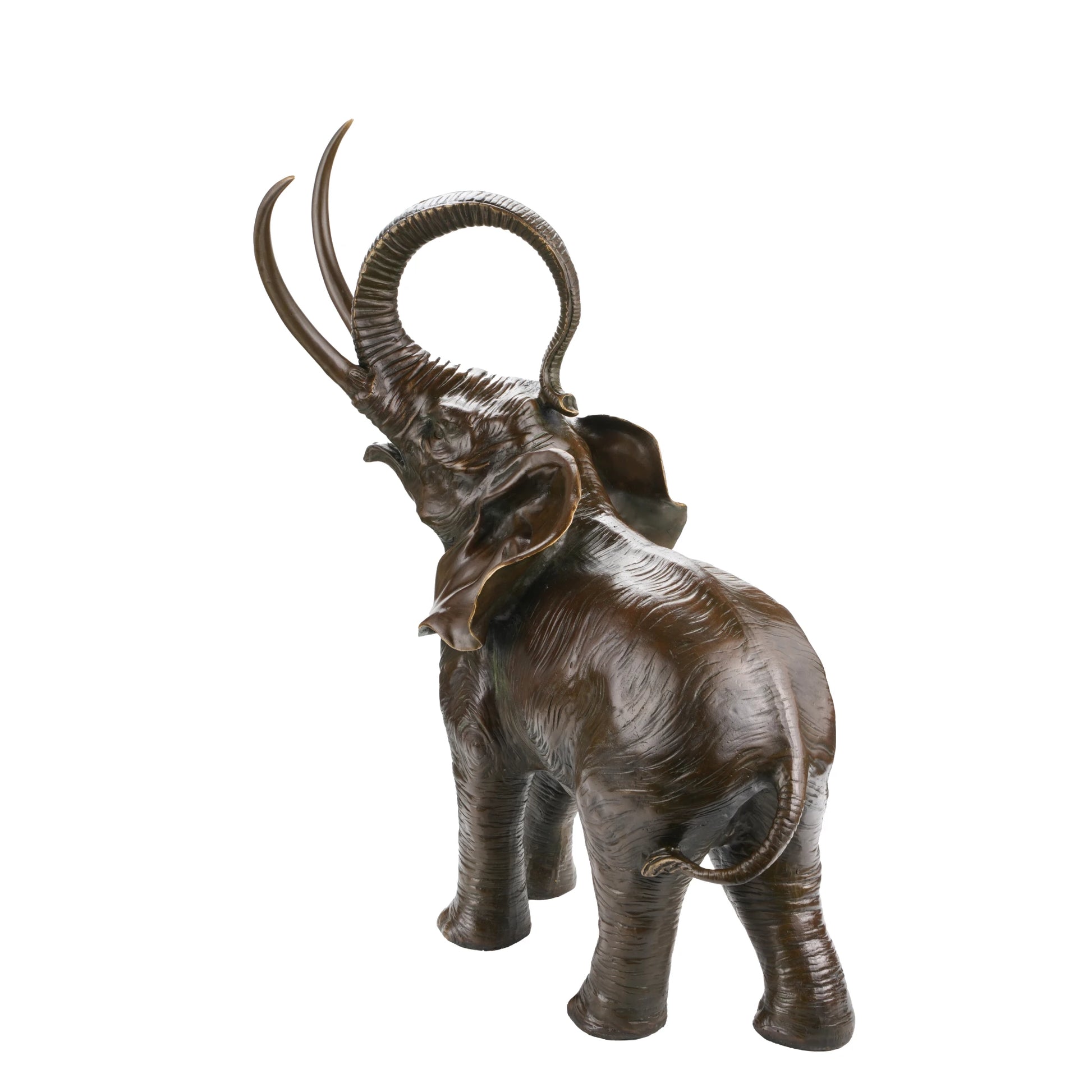 a majestic bronze elephant sculpture featuring realistic textures and raised trunk symbolism. A powerful wildlife statue symbolizing strength, wisdom, and prosperity.