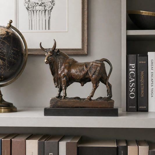 Majestic standing bronze bull statue with thick neck folds and detailed musculature, realistic animal sculpture on black marble base, lost wax casting fine art.