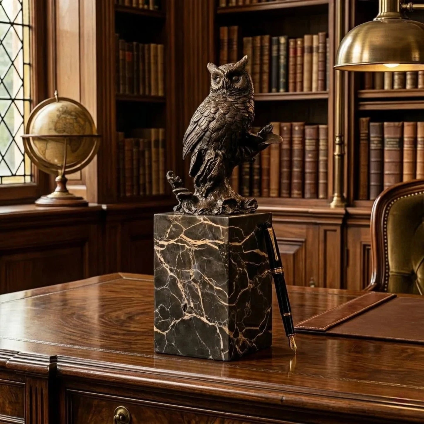 Handcrafted realistic bronze owl sculpture perched on a tree stump with marble base. A timeless symbol of wisdom, perfect for home, library, or office decor.