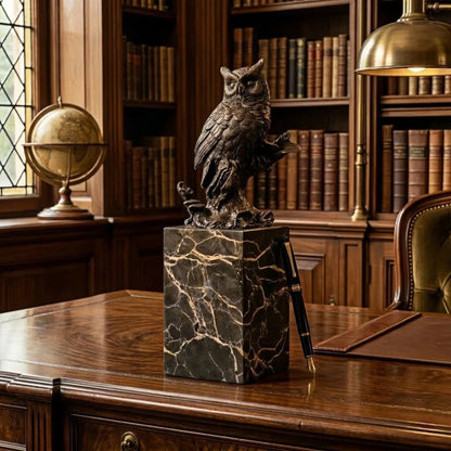 Handcrafted realistic bronze owl sculpture perched on a tree stump with marble base. A timeless symbol of wisdom, perfect for home, library, or office decor.