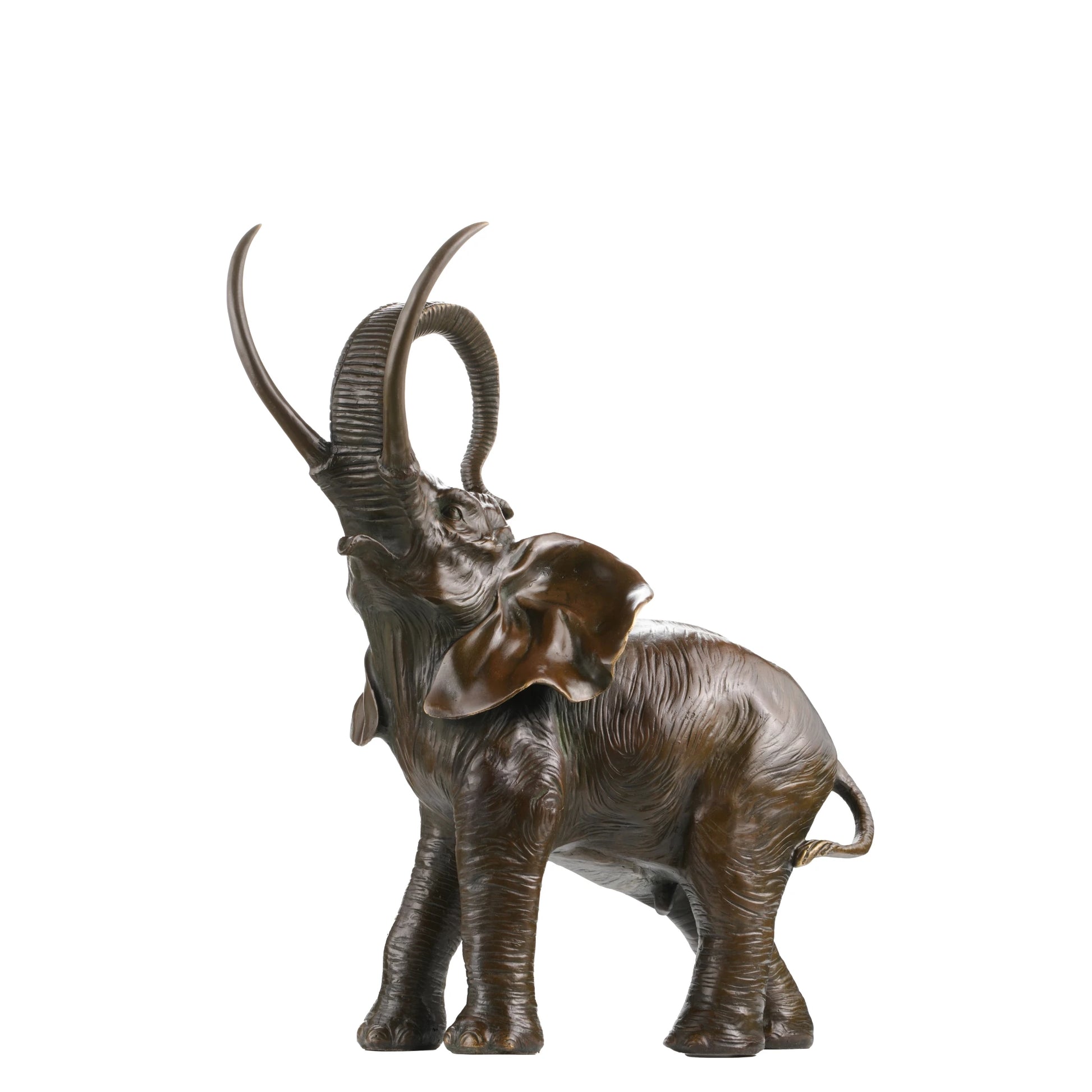 a majestic bronze elephant sculpture featuring realistic textures and raised trunk symbolism. A powerful wildlife statue symbolizing strength, wisdom, and prosperity.