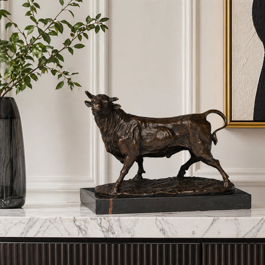 Realistic walking bronze bull sculpture with noble bearing and detailed anatomy, walking animal statue on red-veined black marble base, loss wax casting fine art.