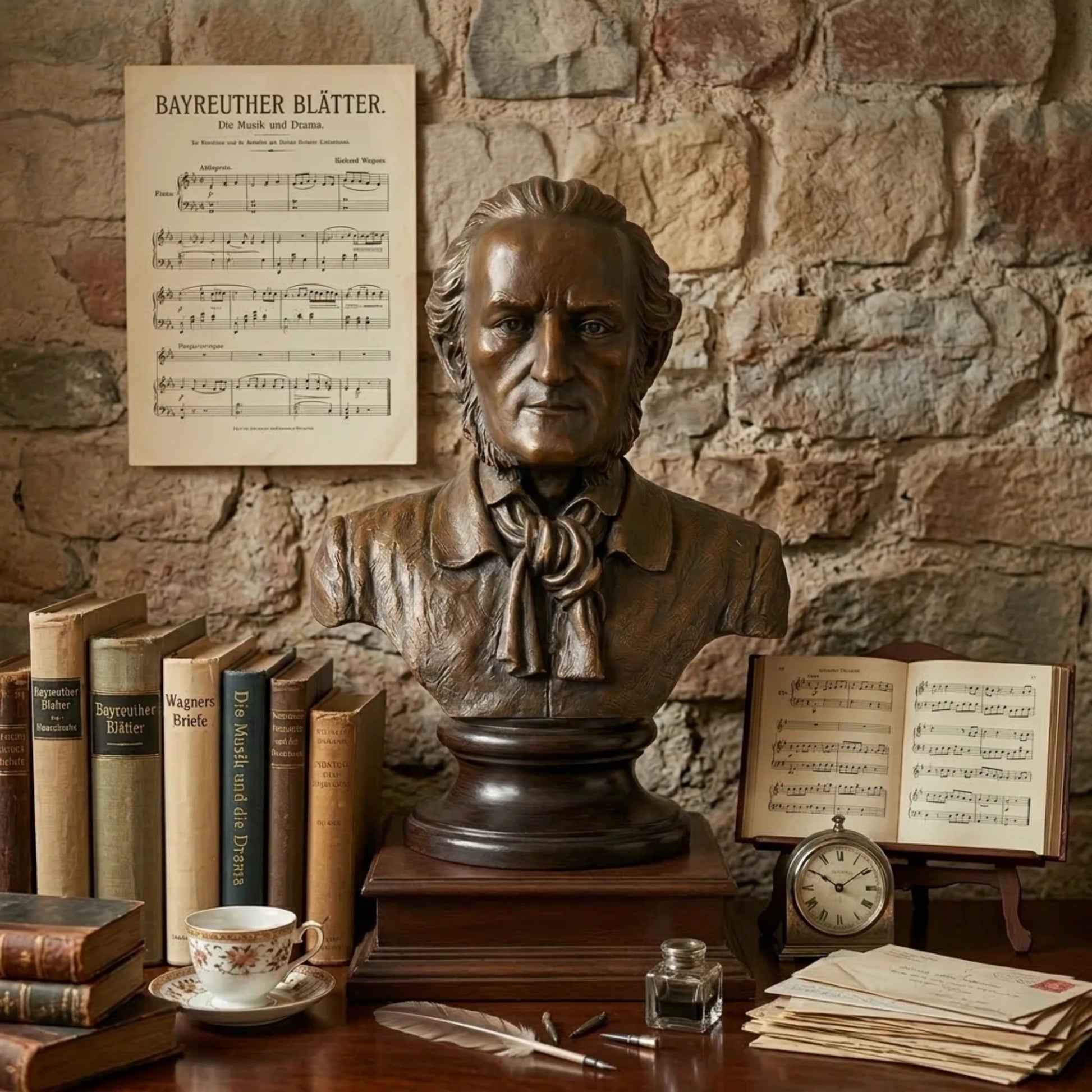 Realistic bronze bust of Richard Wagner, the revolutionary opera composer. Handcrafted sculpture with marble base—ideal for collectors, music lovers, and bold interiors.