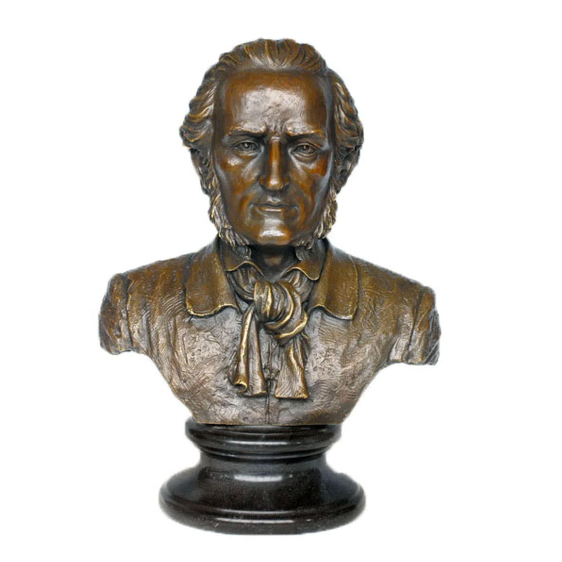 Realistic bronze bust of Richard Wagner, the revolutionary opera composer. Handcrafted sculpture with marble base—ideal for collectors, music lovers, and bold interiors.
