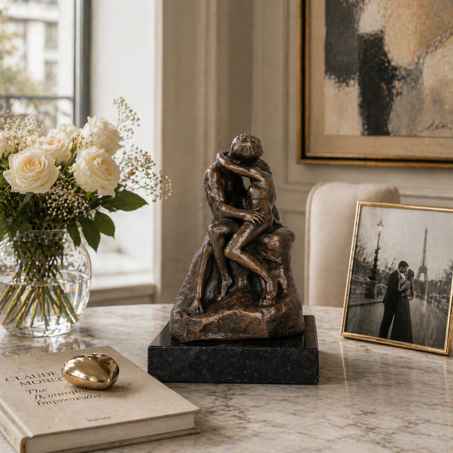 Auguste Rodin The Kiss bronze sculpture reproduction, intimate lover statue on black marble base, loss wax casting romantic fine art.