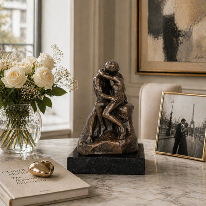 Auguste Rodin The Kiss bronze sculpture reproduction, intimate lover statue on black marble base, loss wax casting romantic fine art.