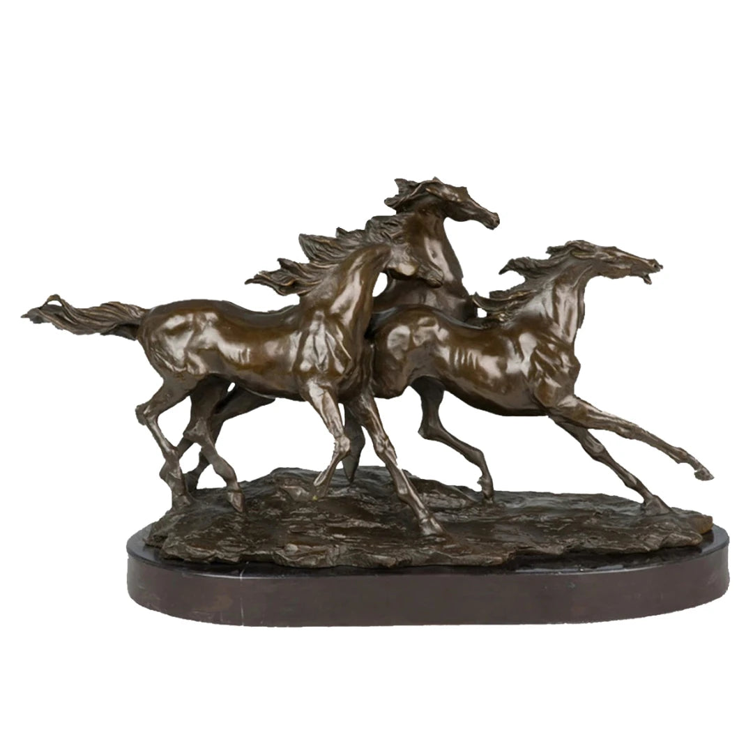This is a dynamic bronze sculpture of three galloping horses, crafted using the lost-wax casting method. The piece captures the raw energy and synchronized motion of the horses as they surge forward in a powerful herd, their bodies lean and taut, muscles rippling under a smooth, polished bronze patina. Their manes and tails stream backward, as if caught in the wind, conveying a sense of unbridled speed, freedom, and collective vitality.