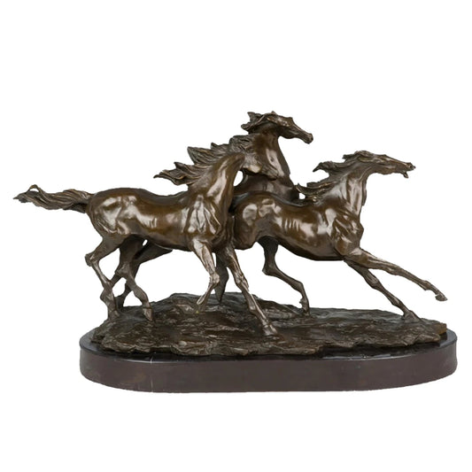 This is a dynamic bronze sculpture of three galloping horses, crafted using the lost-wax casting method. The piece captures the raw energy and synchronized motion of the horses as they surge forward in a powerful herd, their bodies lean and taut, muscles rippling under a smooth, polished bronze patina. Their manes and tails stream backward, as if caught in the wind, conveying a sense of unbridled speed, freedom, and collective vitality.