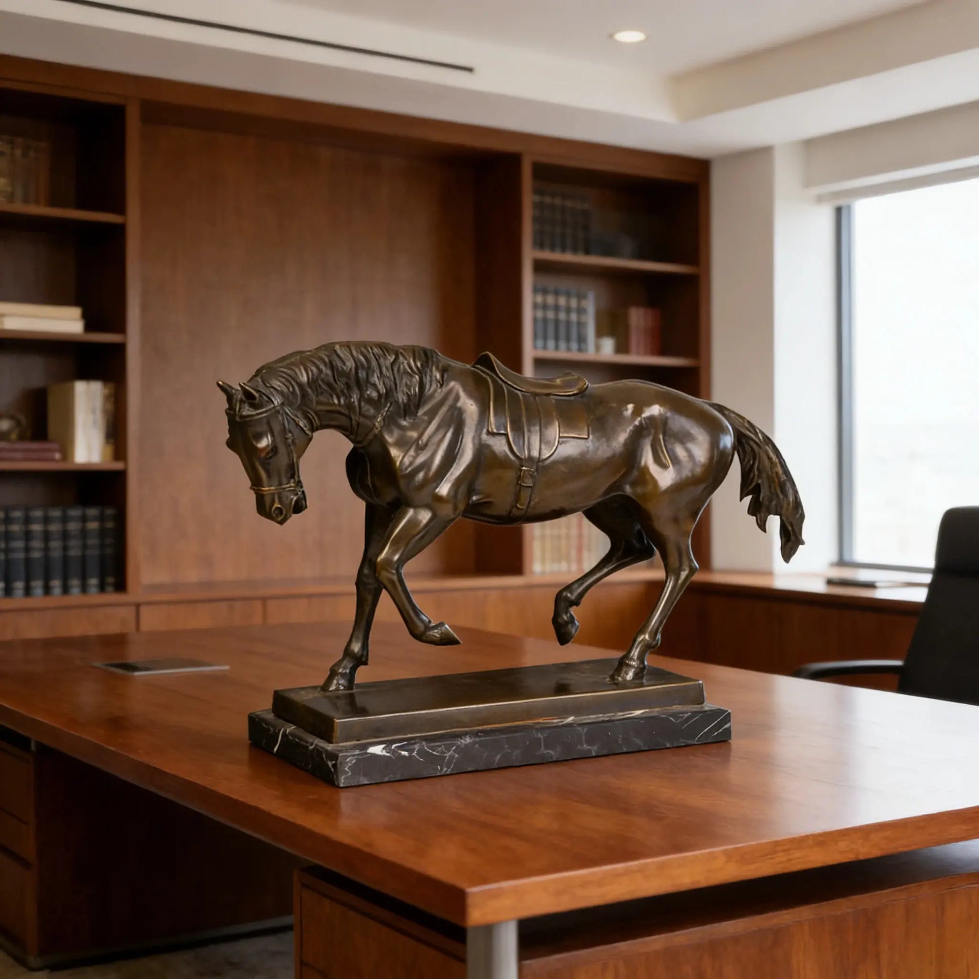 This is a refined bronze horse sculpture, cast using the lost-wax method, depicting the animal in a gentle, trotting stance with a Western-style saddle. The sculpture features a deep, rich bronze patina with a smooth, polished finish that accentuates the horse’s sleek musculature and fluid form. Its mane and tail are intricately detailed, flowing naturally, while the head is slightly bowed, conveying a sense of calm elegance and readiness. 