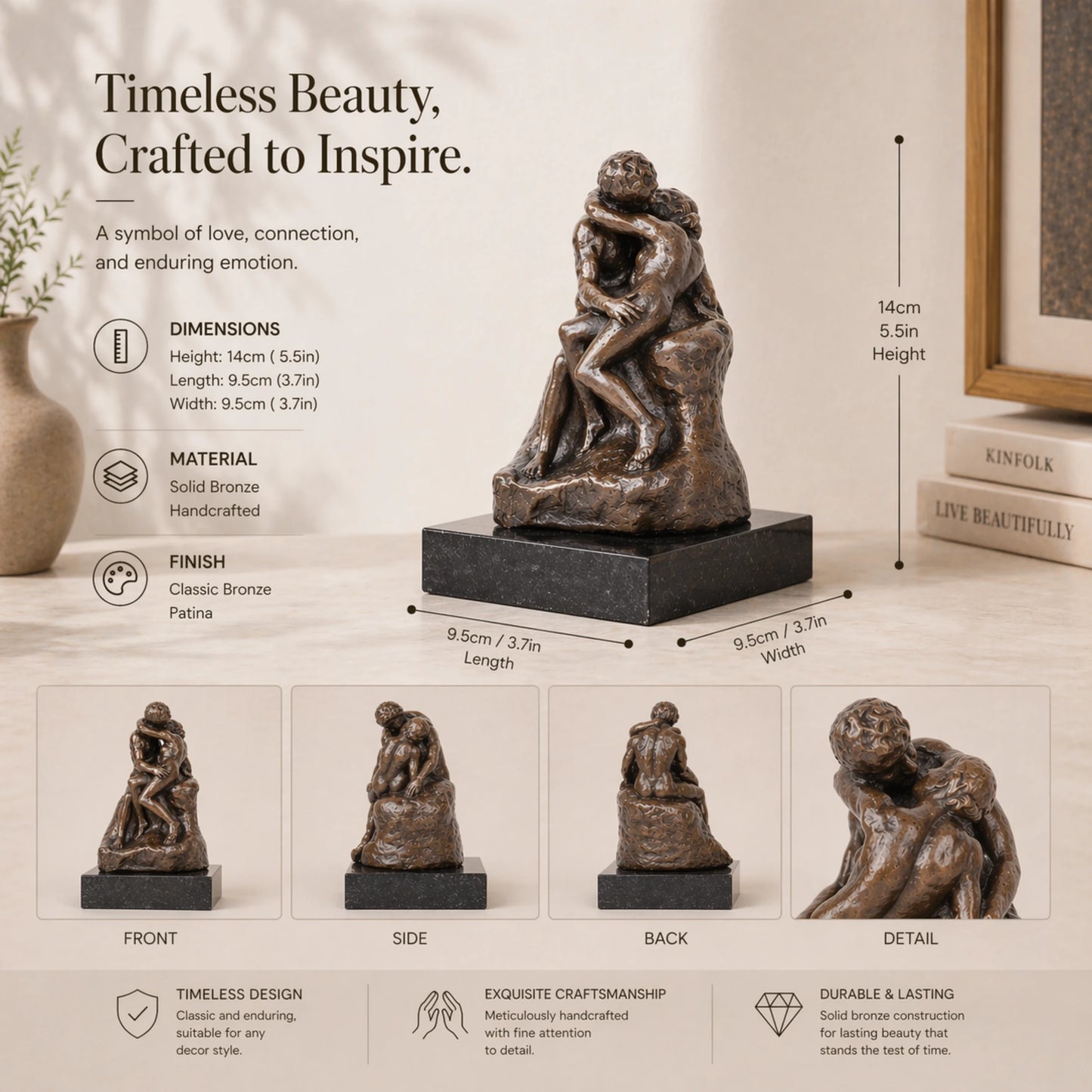 Auguste Rodin The Kiss bronze sculpture reproduction, intimate lover statue on black marble base, loss wax casting romantic fine art.