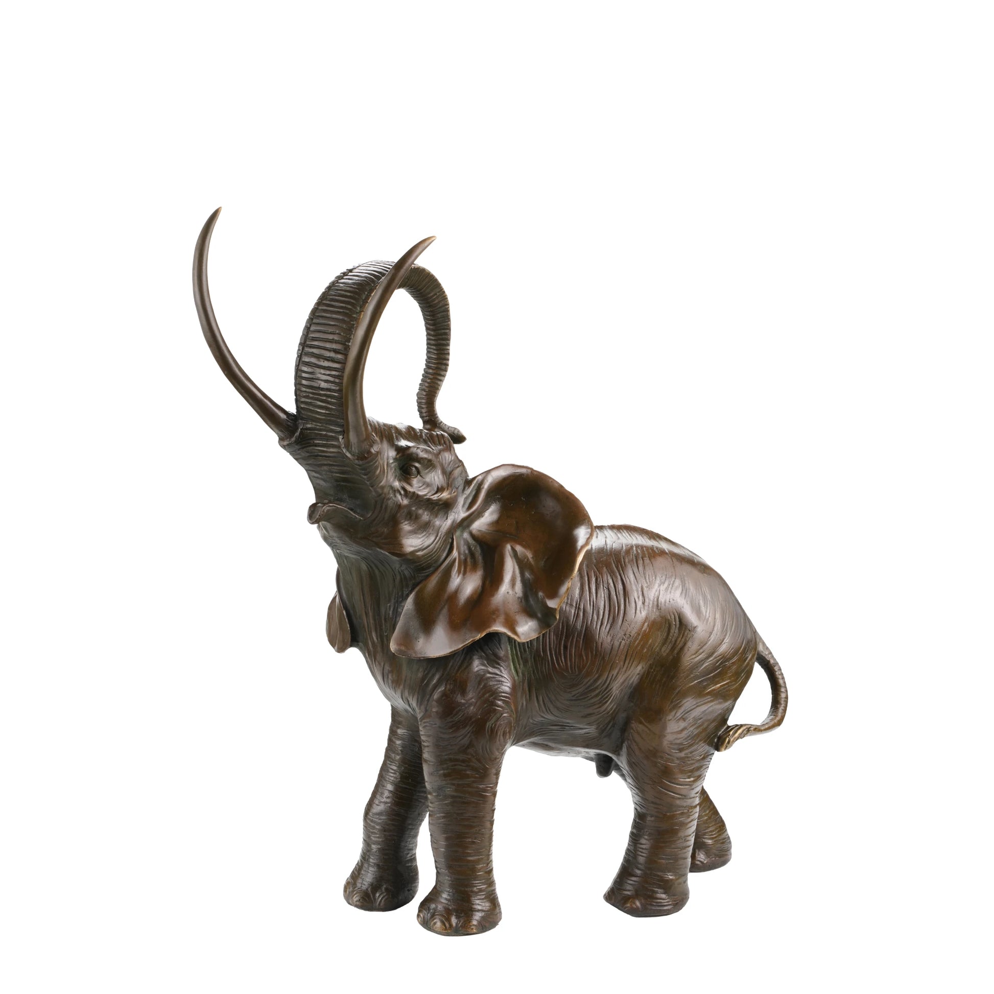 This is a vibrant bronze sculpture of an African elephant, crafted using the lost-wax casting method. The piece captures the elephant in a lively, upward-reaching pose, with its trunk curled high and tusks extended, conveying a sense of strength, vitality, and good fortune. 