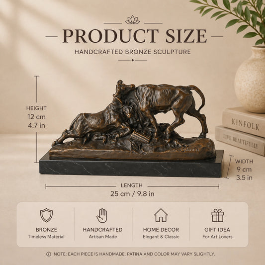 Detailed bronze bullfight scene sculpture with charging bull and matador cape, realistic animal anatomy statue on veined black marble base, loss wax casting fine art.
