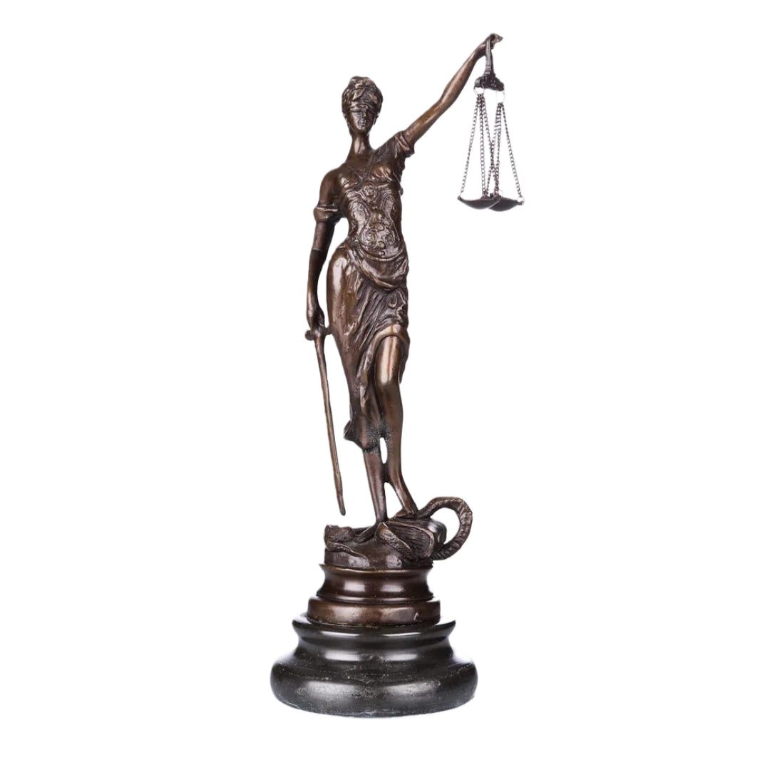 This bronze sculpture portrays Lady Justice (Justitia), the timeless symbol of law, fairness, and moral authority. Draped in a classical robe with finely sculpted folds, the figure conveys dignity and balance.