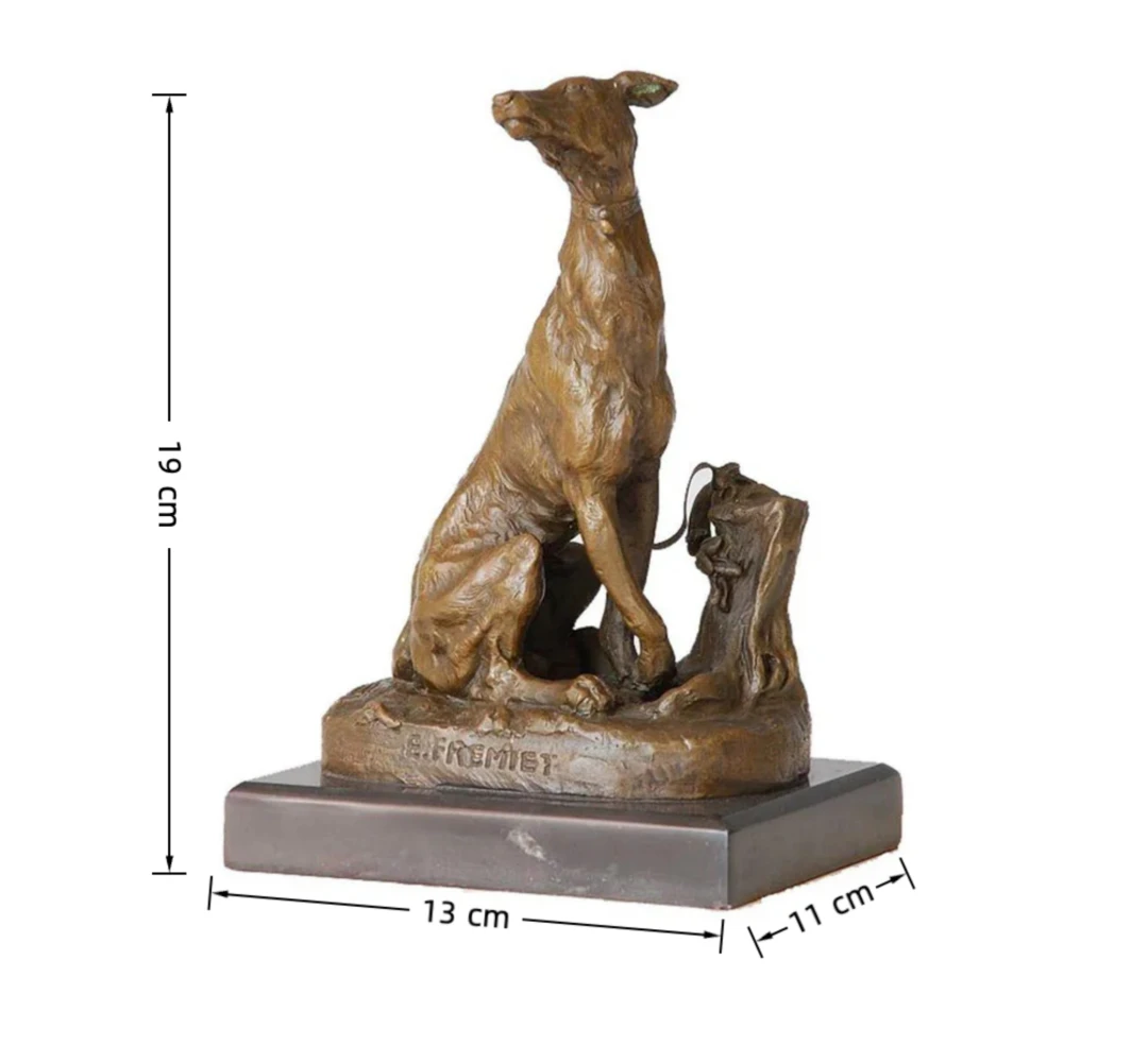This is a refined bronze sculpture of a seated greyhound, crafted using the lost-wax casting method and bearing the signature of the renowned animalier sculptor Barye Frémiet. The piece captures the dog in an alert, upright seated pose, with its head turned slightly upward and to the side, conveying a sense of keen attention and elegant poise. The rich, warm bronze patina accentuates the dog’s lean, muscular physique, the smooth texture of its short coat, and the delicate details of its collar.