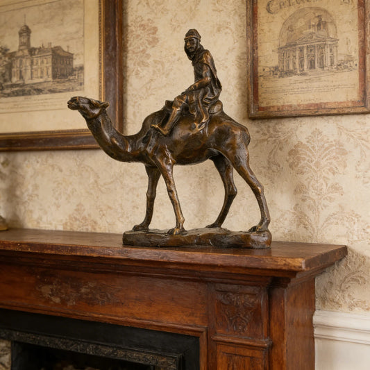 Camel rider bronze sculpture desert traveler on dromedary oriental statue
