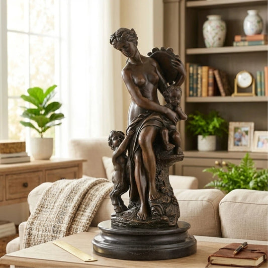 Bacchante bronze sculpture with children and satyr classical mythology statue