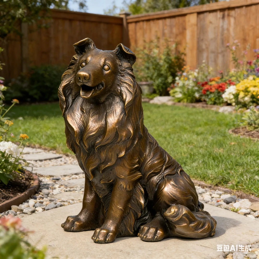 This lifelike bronze collie sculpture is crafted using the traditional lost-wax casting method, capturing the dog in a seated pose with a friendly, alert expression. The warm bronze patina highlights the flowing texture of its long coat and the refined details of its face. With an integrated bronze base for stability, the sculpture combines realism and elegance, making it a charming accent for home decor or a meaningful gift for dog lovers.