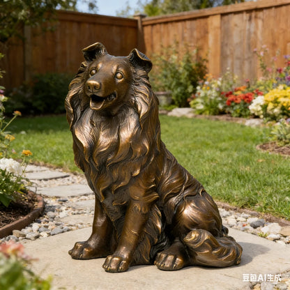This lifelike bronze collie sculpture is crafted using the traditional lost-wax casting method, capturing the dog in a seated pose with a friendly, alert expression. The warm bronze patina highlights the flowing texture of its long coat and the refined details of its face. With an integrated bronze base for stability, the sculpture combines realism and elegance, making it a charming accent for home decor or a meaningful gift for dog lovers.