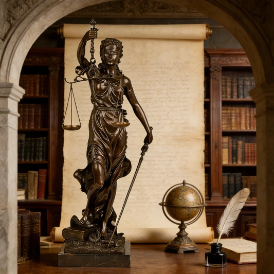 This handcrafted solid bronze Lady Justice sculpture is created by skilled artisans using the traditional lost-wax casting method. Each piece is individually hand-finished, giving it unique character and fine detail. The blindfold, scales, and sword symbolize fairness, balance, and legal authority. With its rich bronze patina and refined presence, it is ideal for law offices, executive desks, or professional decor.