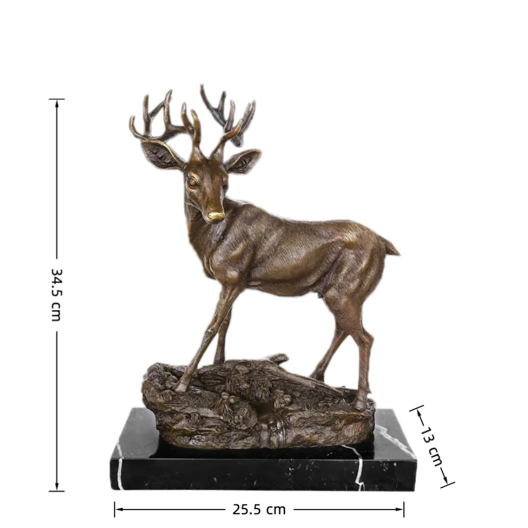 Handcrafted bronze stag sculpture featuring detailed antlers and naturalistic base. Lost-wax cast deer statue on marble base, ideal for luxury home decor.