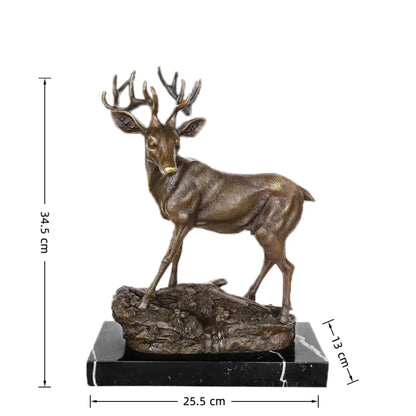 Handcrafted bronze stag sculpture featuring detailed antlers and naturalistic base. Lost-wax cast deer statue on marble base, ideal for luxury home decor.