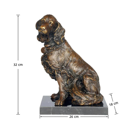 This is a lifelike bronze sculpture of a spaniel, crafted using the lost-wax casting method. The piece captures the dog in a seated pose, with its head turned slightly and mouth open, as if alertly listening or about to bark. The rich, warm bronze patina accentuates the intricate, wavy texture of its long, flowing coat, the detailed features of its face—including its expressive eyes and soft, floppy ears—and the small, round tag hanging from its collar.