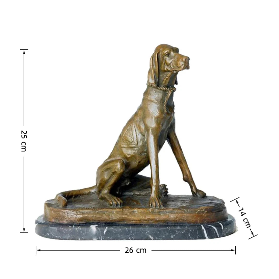 This is a stately bronze sculpture of a seated pointer dog, crafted using the lost-wax casting method. The piece captures the dog in an alert, upright seated pose, with its head turned slightly to the side, conveying a sense of keen focus and elegant poise typical of a hunting breed. The rich, warm bronze patina accentuates the dog’s lean, muscular physique, the smooth texture of its short coat, and the delicate details of the rope collar around its neck.